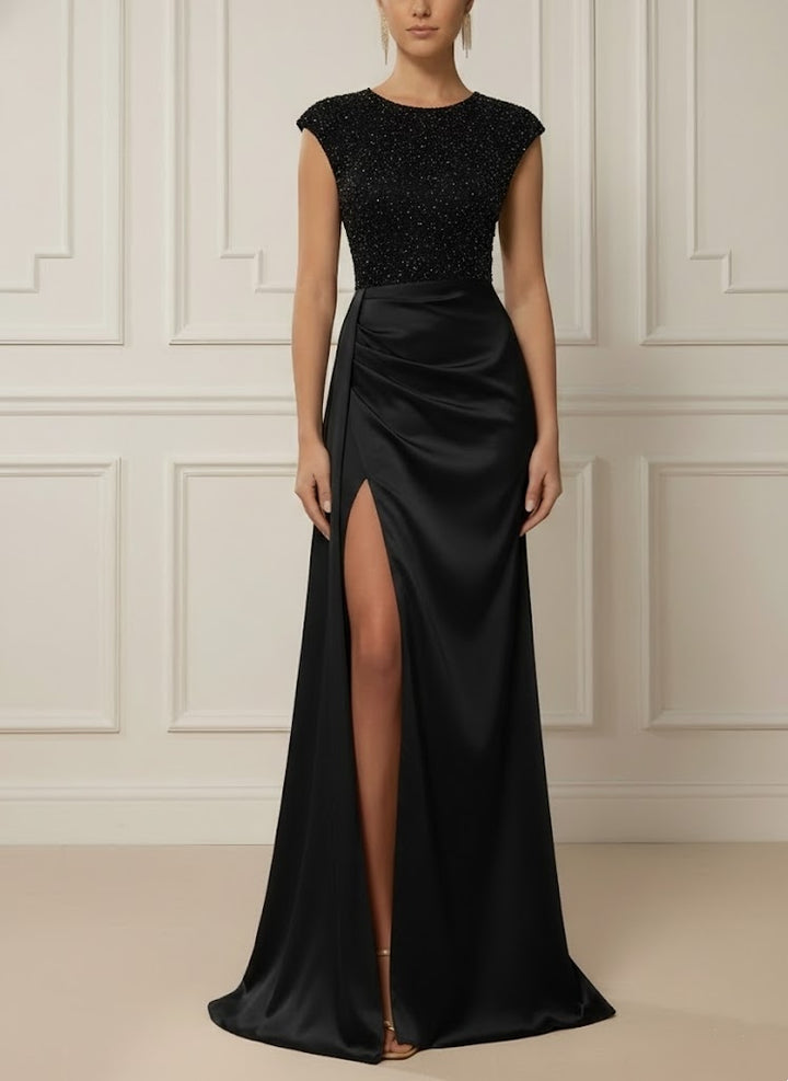 Trumpet/Mermaid Scoop Satin Evening Dresses with Split Side Sleeveless Sequins Floor-Length Party Dresses