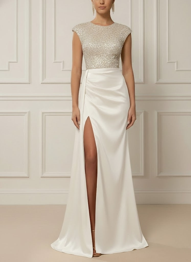 Trumpet/Mermaid Scoop Satin Evening Dresses with Split Side Sleeveless Sequins Floor-Length Party Dresses