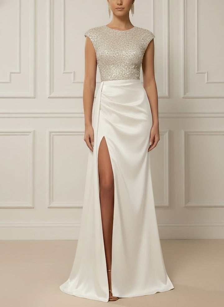 Trumpet/Mermaid Scoop Satin Evening Dresses with Split Side Sleeveless Sequins Floor-Length Party Dresses