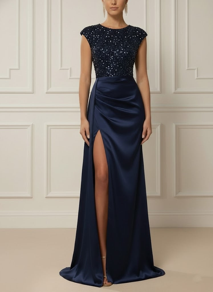Trumpet/Mermaid Scoop Satin Evening Dresses with Split Side Sleeveless Sequins Floor-Length Party Dresses