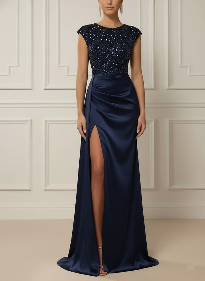 Trumpet/Mermaid Scoop Satin Evening Dresses with Split Side Sleeveless Sequins Floor-Length Party Dresses