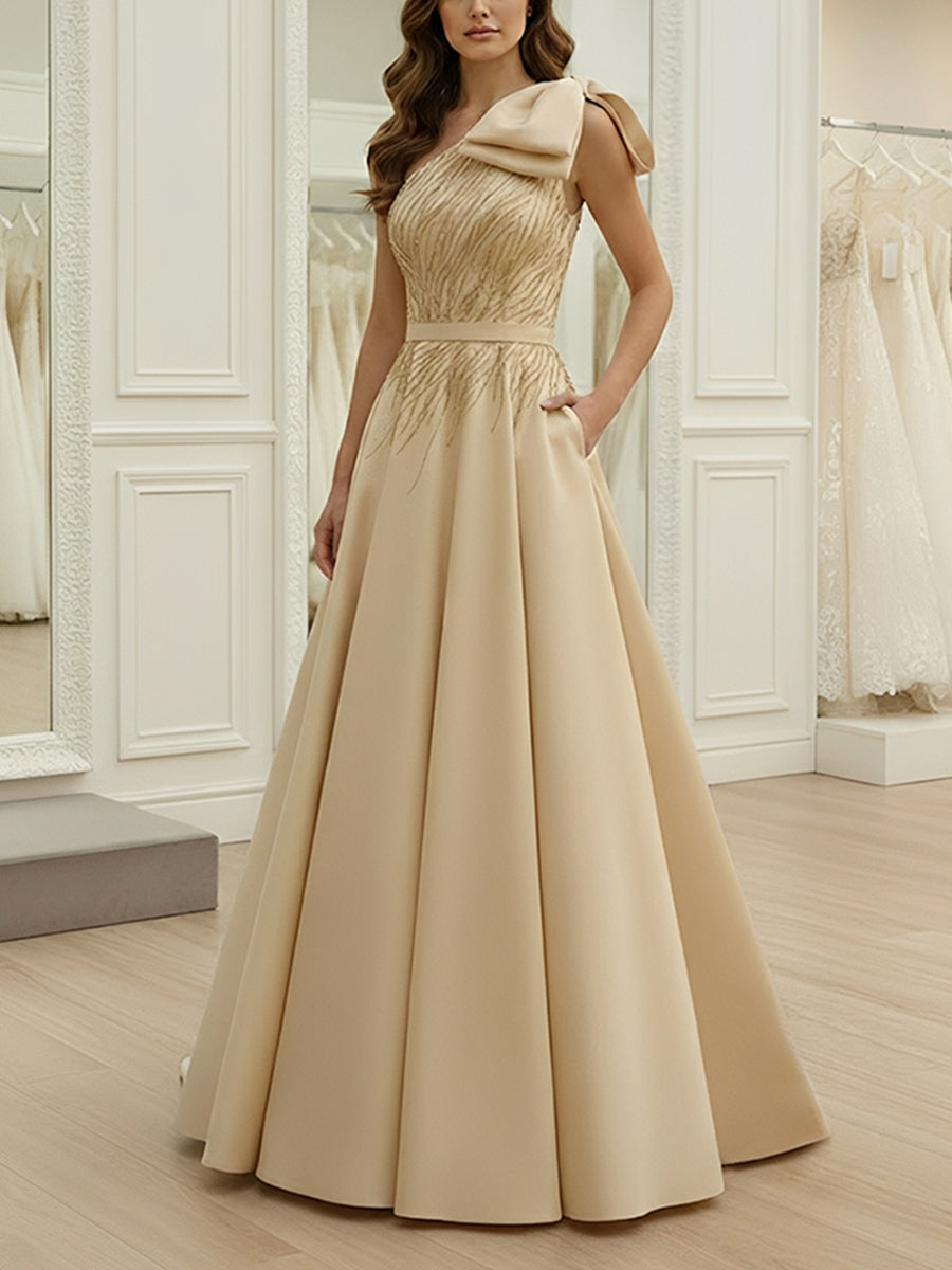 A-Line/Princess One-Shoulder Satin Evening Dresses with Bowknot Sleeveless Sequins Floor-Length Party Dresses
