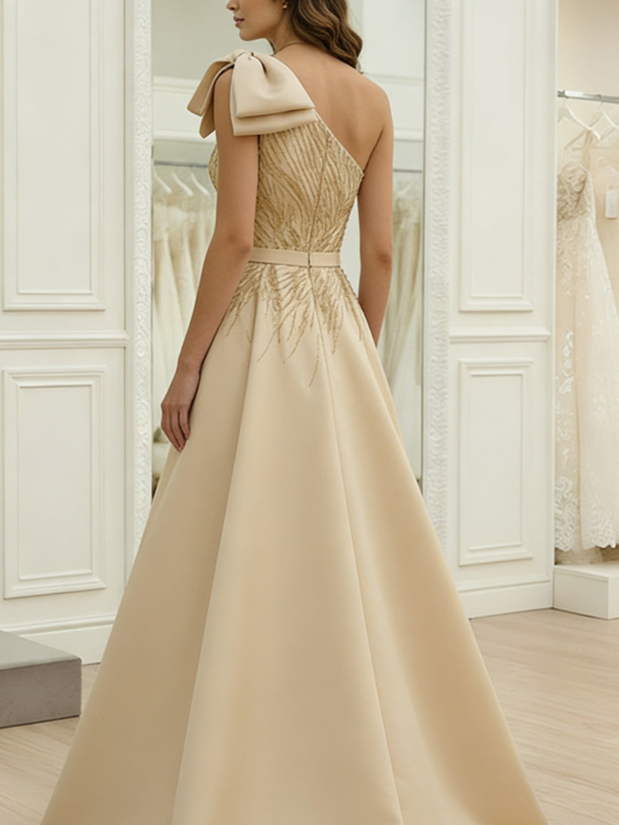 A-Line/Princess One-Shoulder Satin Evening Dresses with Bowknot Sleeveless Sequins Floor-Length Party Dresses