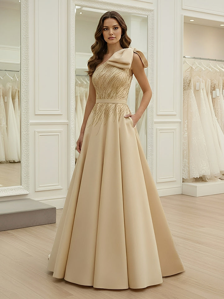 A-Line/Princess One-Shoulder Satin Evening Dresses with Bowknot Sleeveless Sequins Floor-Length Party Dresses