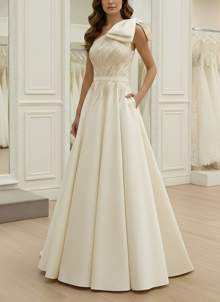 A-Line/Princess One-Shoulder Satin Evening Dresses with Bowknot Sleeve ...