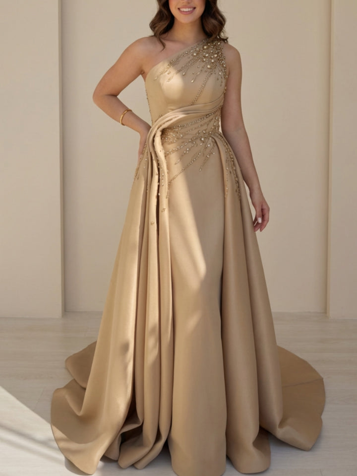 A-Line/Princess Strapless Satin Evening Dresses Sleeveless Floor-Length Seuqins Rhinestone Party Dresses