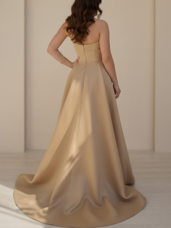 A-Line/Princess Strapless Satin Evening Dresses Sleeveless Floor-Length Seuqins Rhinestone Party Dresses