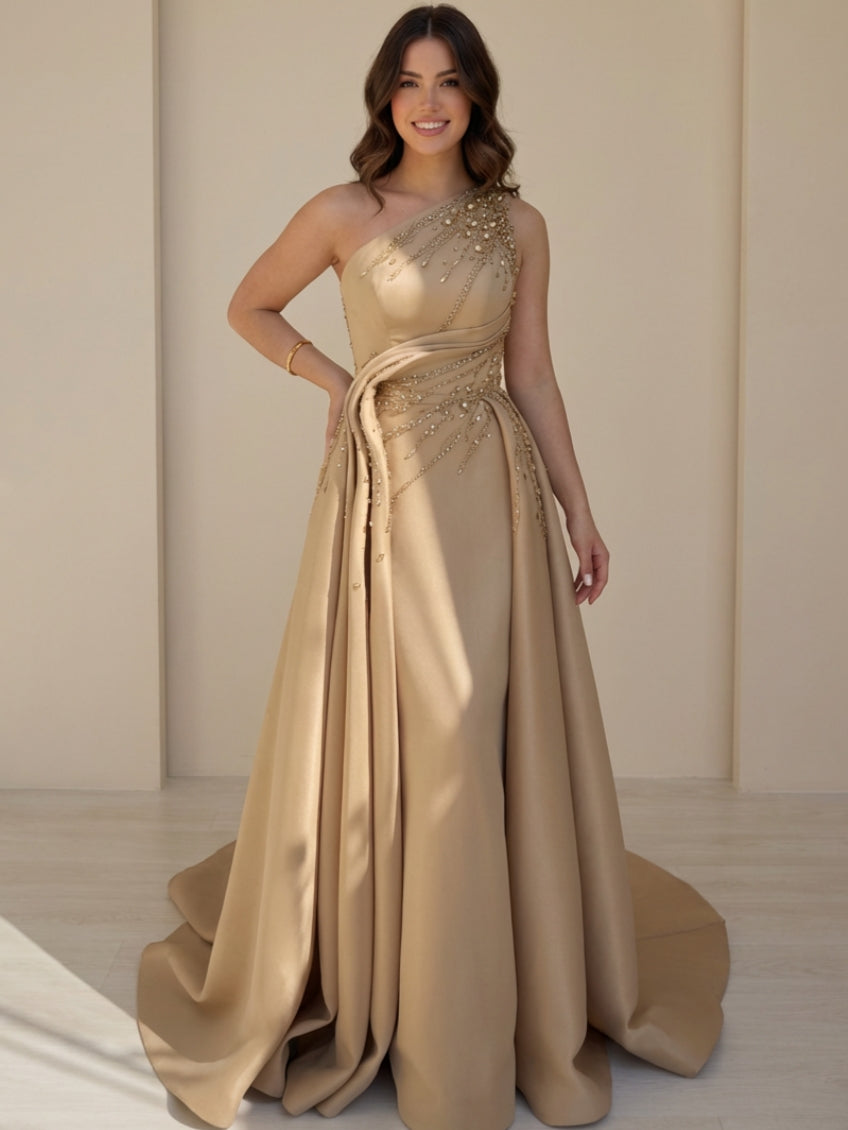 A-Line/Princess Strapless Satin Evening Dresses Sleeveless Floor-Length Seuqins Rhinestone Party Dresses