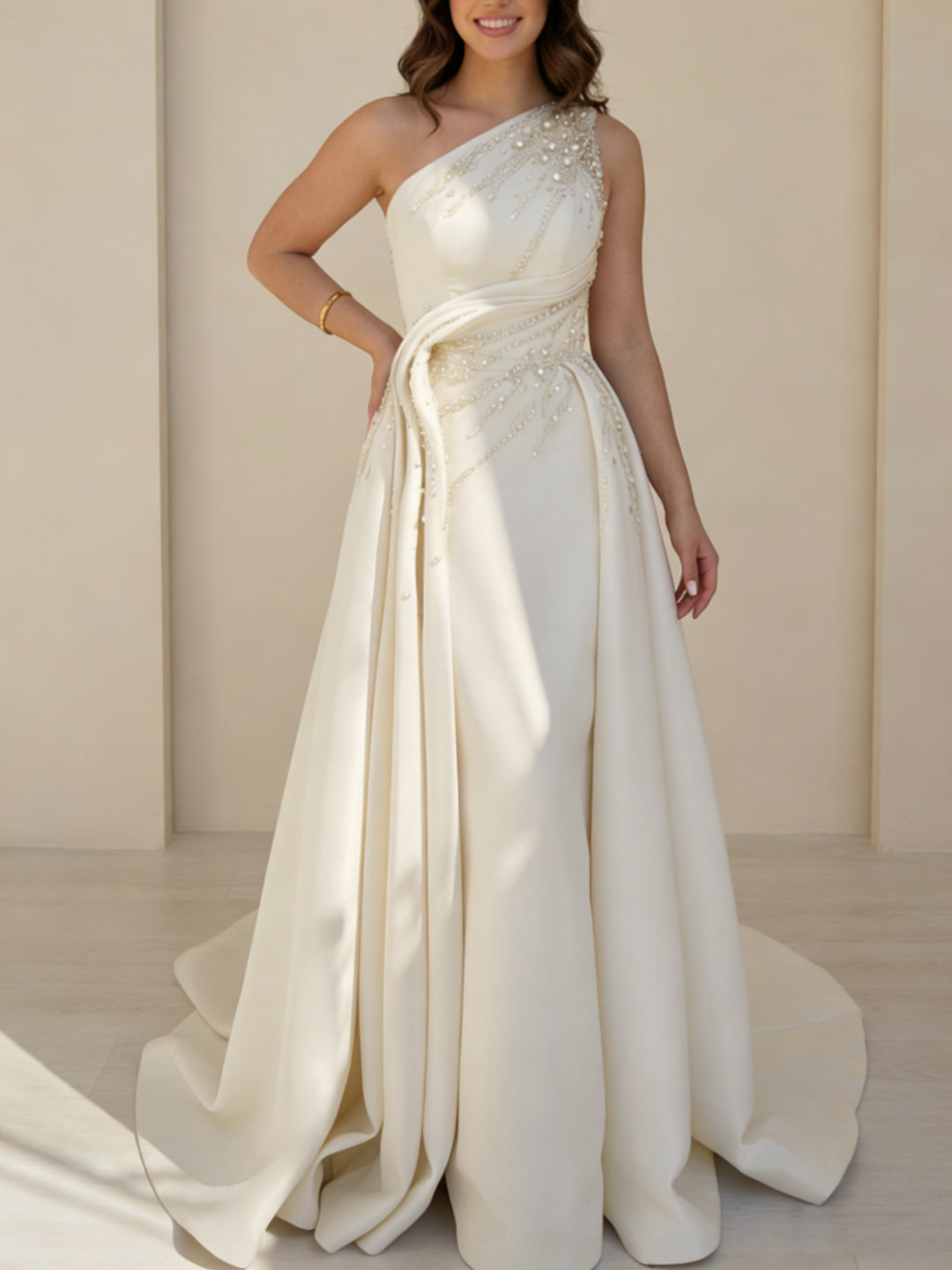 A-Line/Princess Strapless Satin Evening Dresses Sleeveless Floor-Length Seuqins Rhinestone Party Dresses