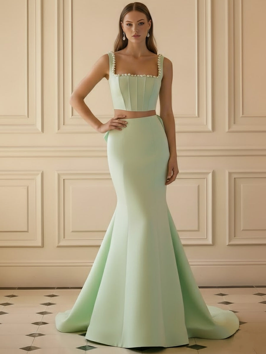 Trumpet/Mermaid 2 Pieces Square Collar Satin Evening Dresses with Bowknot Sleeveless Pearl Floor-Length Party Dresses