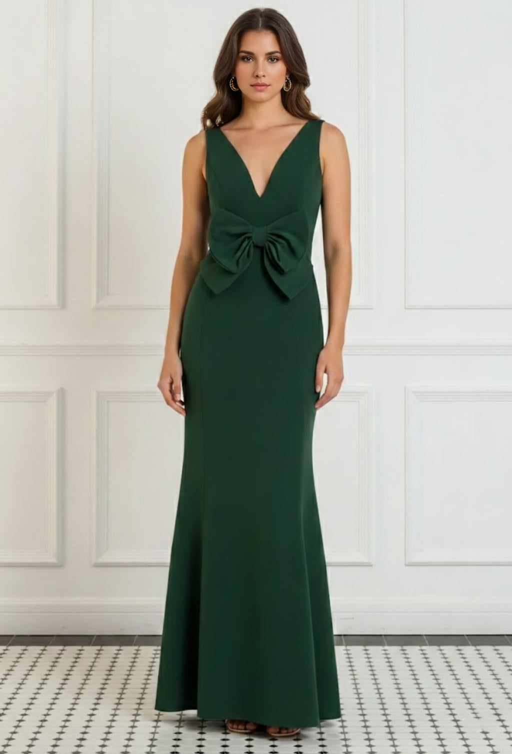 Trumpet/Mermaid V-Neck Stretch Satin Evening Dresses Floor-Length Sleeveless Bowknot Party Dresses