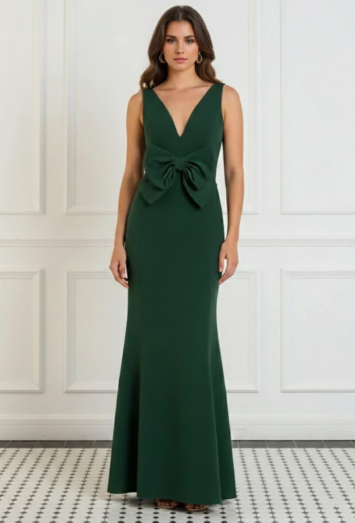 Trumpet/Mermaid V-Neck Stretch Satin Evening Dresses Floor-Length Sleeveless Bowknot Party Dresses