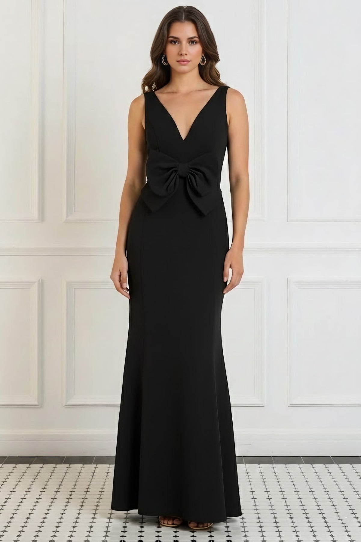 Trumpet/Mermaid V-Neck Stretch Satin Evening Dresses Floor-Length Slee ...