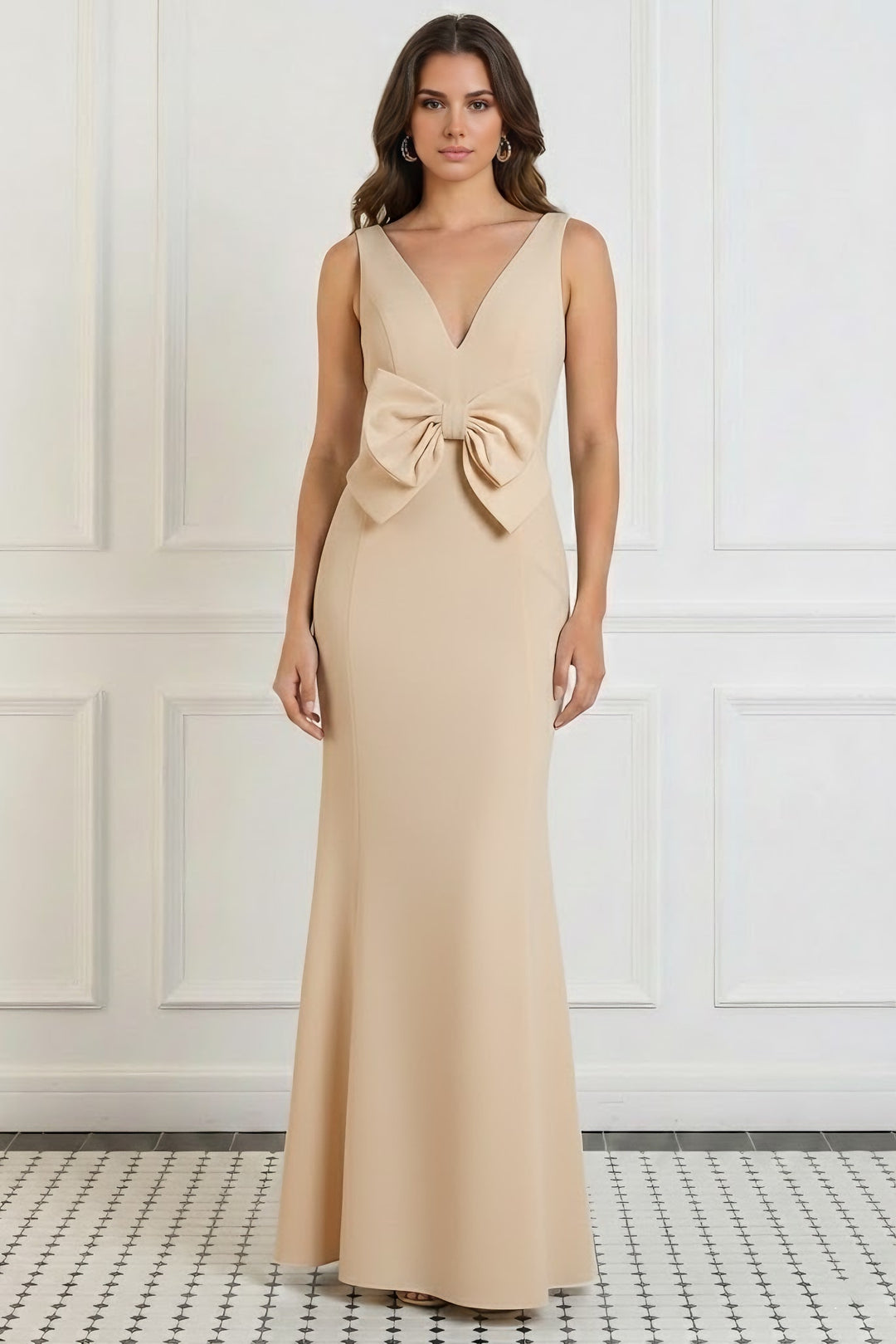 Trumpet/Mermaid V-Neck Stretch Satin Evening Dresses Floor-Length Sleeveless Bowknot Party Dresses