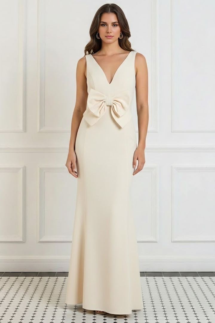 Trumpet/Mermaid V-Neck Stretch Satin Evening Dresses Floor-Length Sleeveless Bowknot Party Dresses