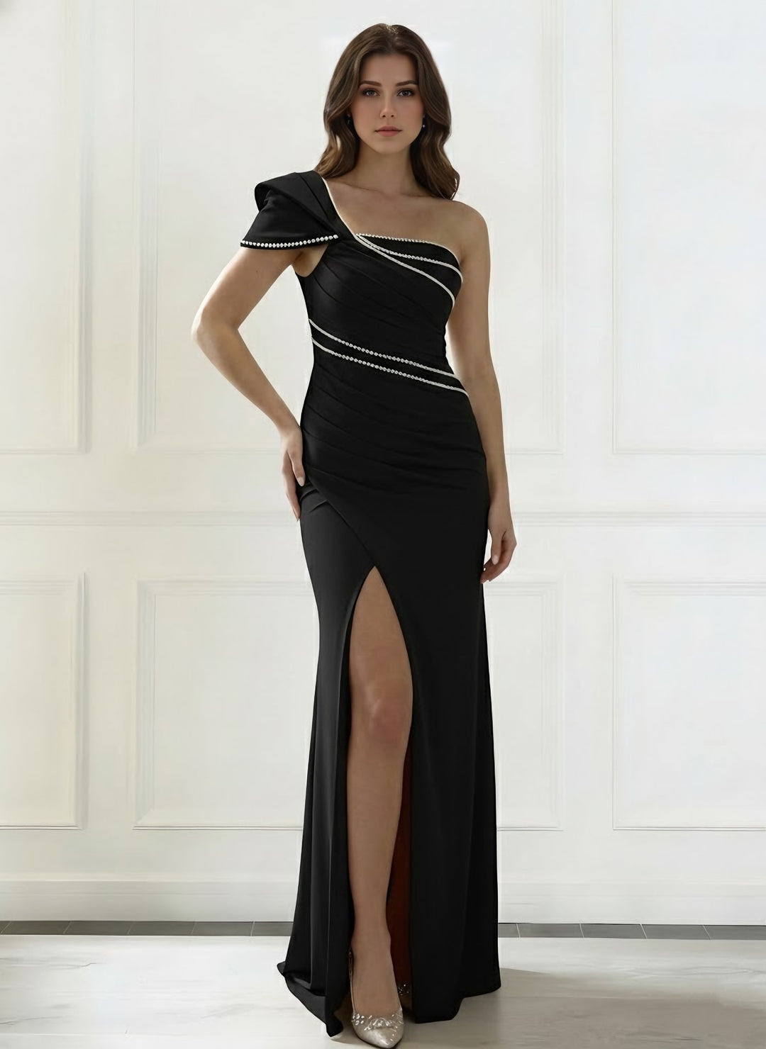 Trumpet/Mermaid One-Shoulder Stretch Satin Evening Dresses with Split Side Floor-Length Sleeveless Sequins Party Dresses