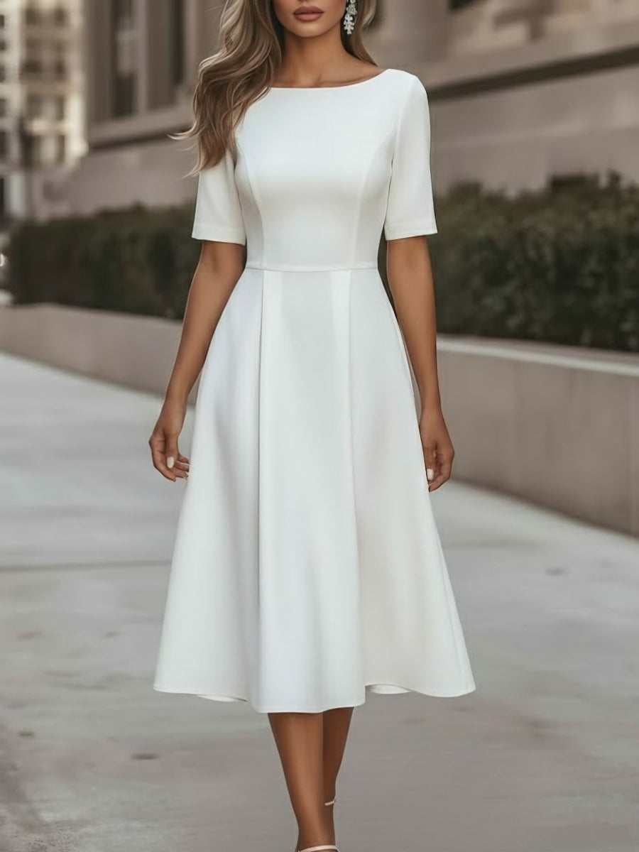 A-Line/Princess Scoop Stretch Satin Cocktail Dresses Tea-Length Short Sleeves Formal Dress