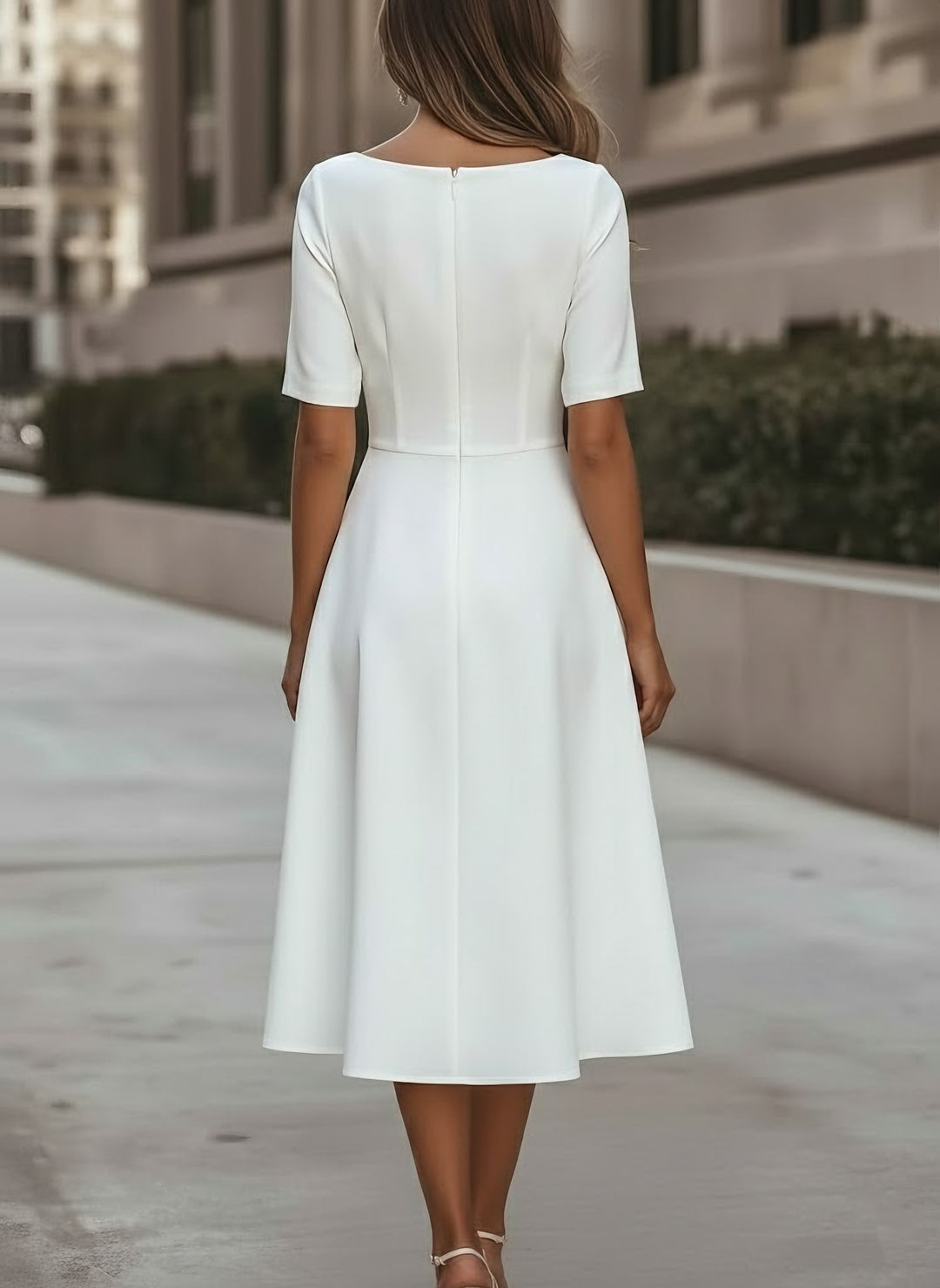 A-Line/Princess Scoop Stretch Satin Cocktail Dresses Tea-Length Short Sleeves Formal Dress