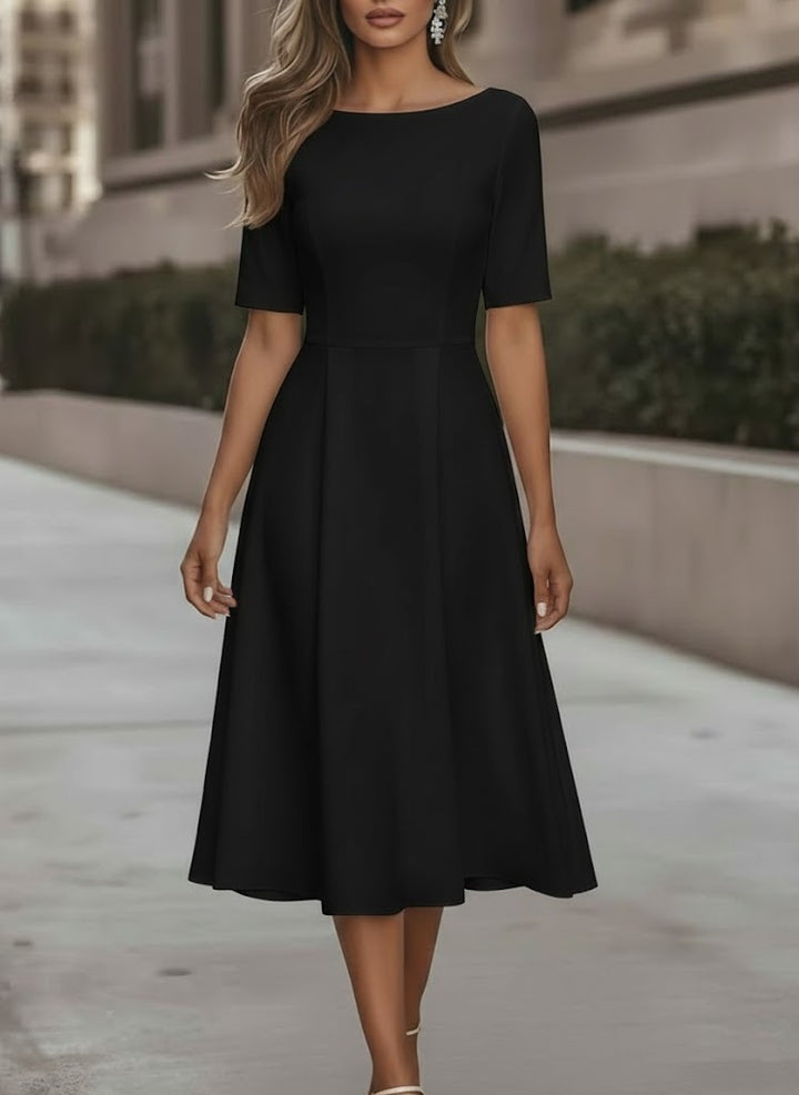 A-Line/Princess Scoop Stretch Satin Cocktail Dresses Tea-Length Short Sleeves Formal Dress