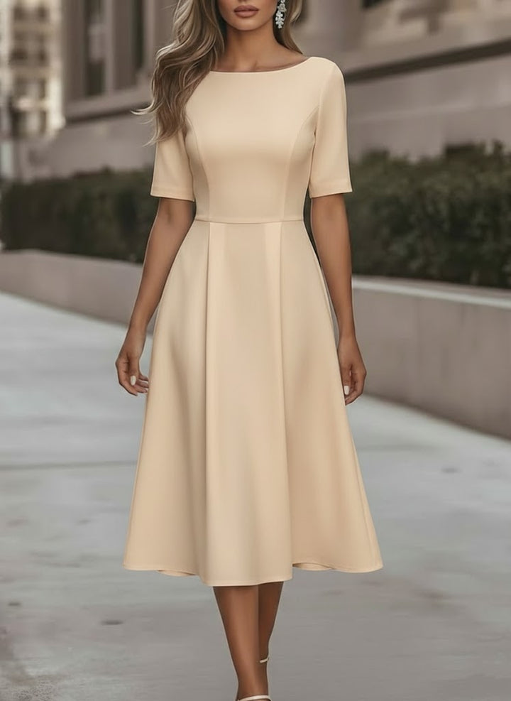 A-Line/Princess Scoop Stretch Satin Cocktail Dresses Tea-Length Short Sleeves Formal Dress