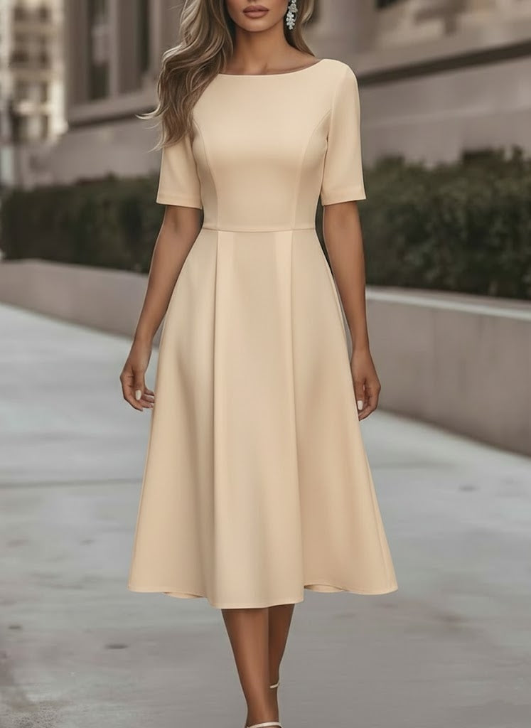 A-Line/Princess Scoop Stretch Satin Cocktail Dresses Tea-Length Short - Mondressy A-Line/Princess Scoop Stretch Satin Cocktail Dresses Tea-Length Short - Mondressy