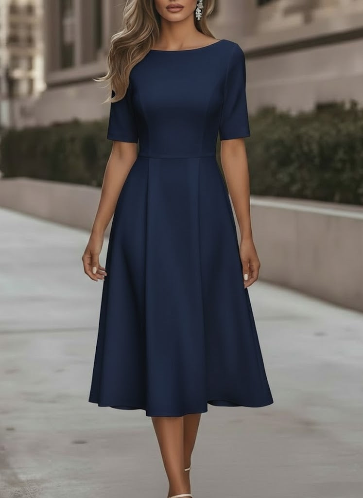 A-Line/Princess Scoop Stretch Satin Cocktail Dresses Tea-Length Short Sleeves Formal Dress