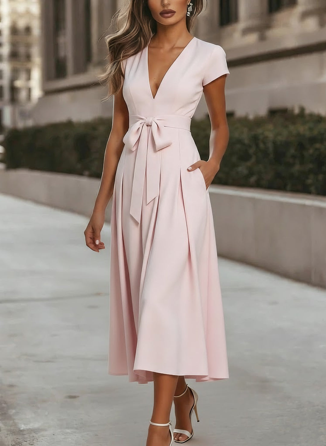 A-Line/Princess V-Neck Stretch Satin Cocktail Dresses Tea-Length Short Sleeves Knot Bow Formal Dress