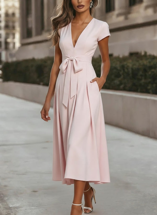 A-Line/Princess V-Neck Stretch Satin Cocktail Dresses Tea-Length Short Sleeves Knot Bow Formal Dress
