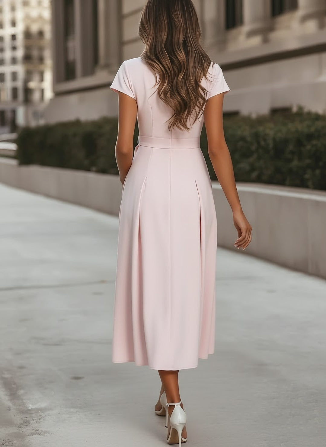 A-Line/Princess V-Neck Stretch Satin Cocktail Dresses Tea-Length Short Sleeves Knot Bow Formal Dress