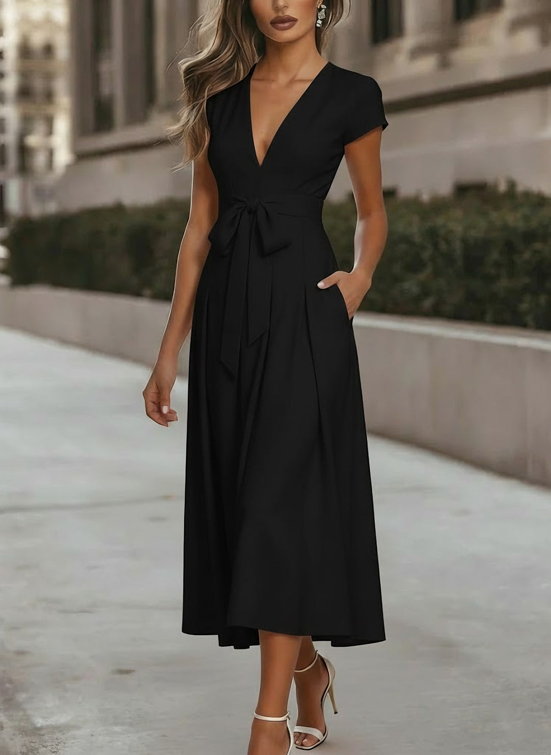 A-Line/Princess V-Neck Stretch Satin Cocktail Dresses Tea-Length Short Sleeves Knot Bow Formal Dress