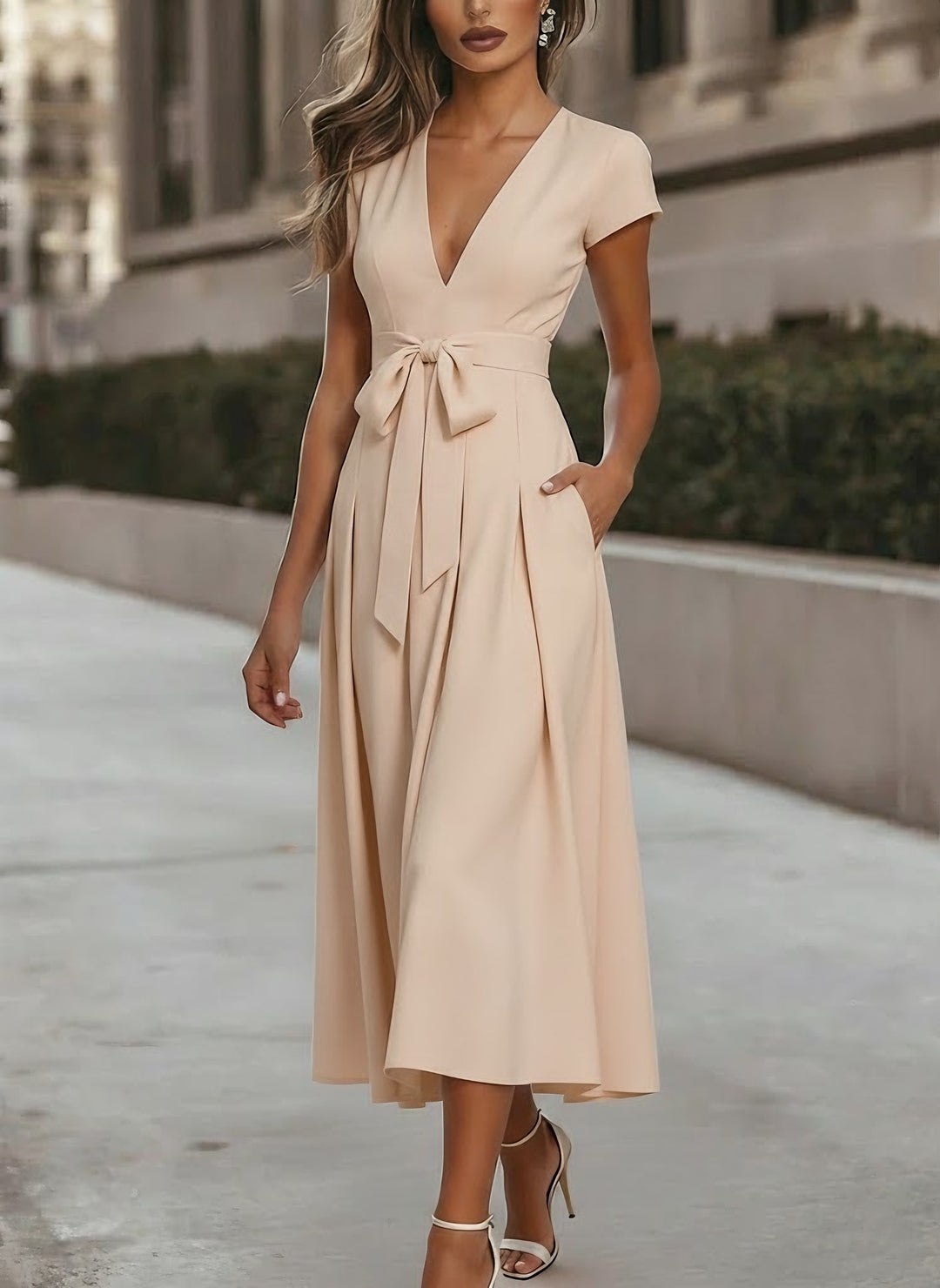 A-Line/Princess V-Neck Stretch Satin Cocktail Dresses Tea-Length Short Sleeves Knot Bow Formal Dress