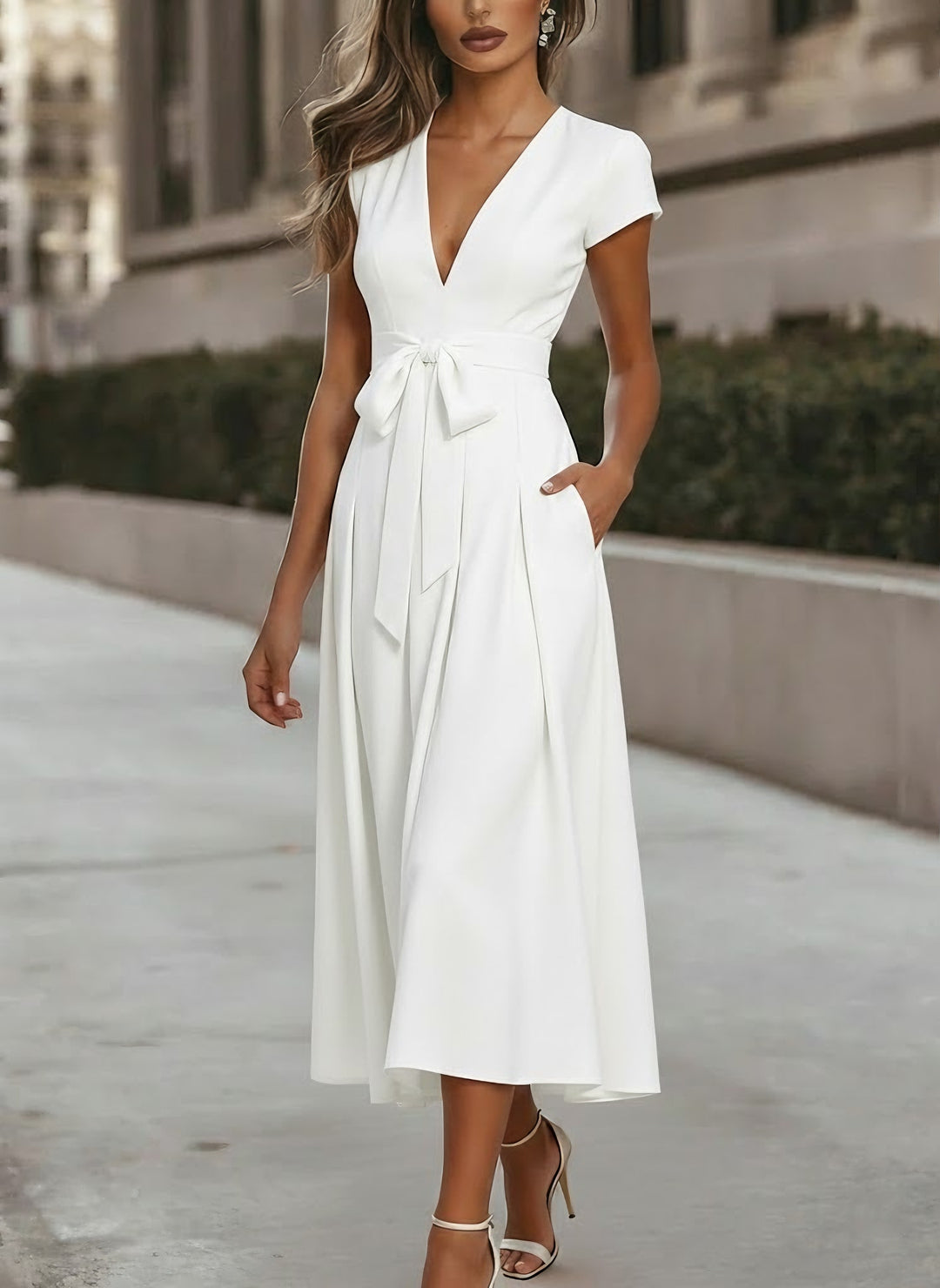 A-Line/Princess V-Neck Stretch Satin Cocktail Dresses Tea-Length Short Sleeves Knot Bow Formal Dress