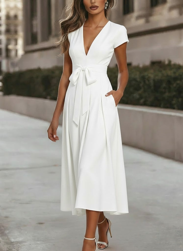 A-Line/Princess V-Neck Stretch Satin Cocktail Dresses Tea-Length Short Sleeves Knot Bow Formal Dress