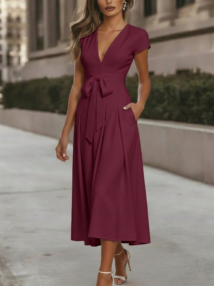 A-Line/Princess V-Neck Stretch Satin Cocktail Dresses Tea-Length Short Sleeves Knot Bow Formal Dress