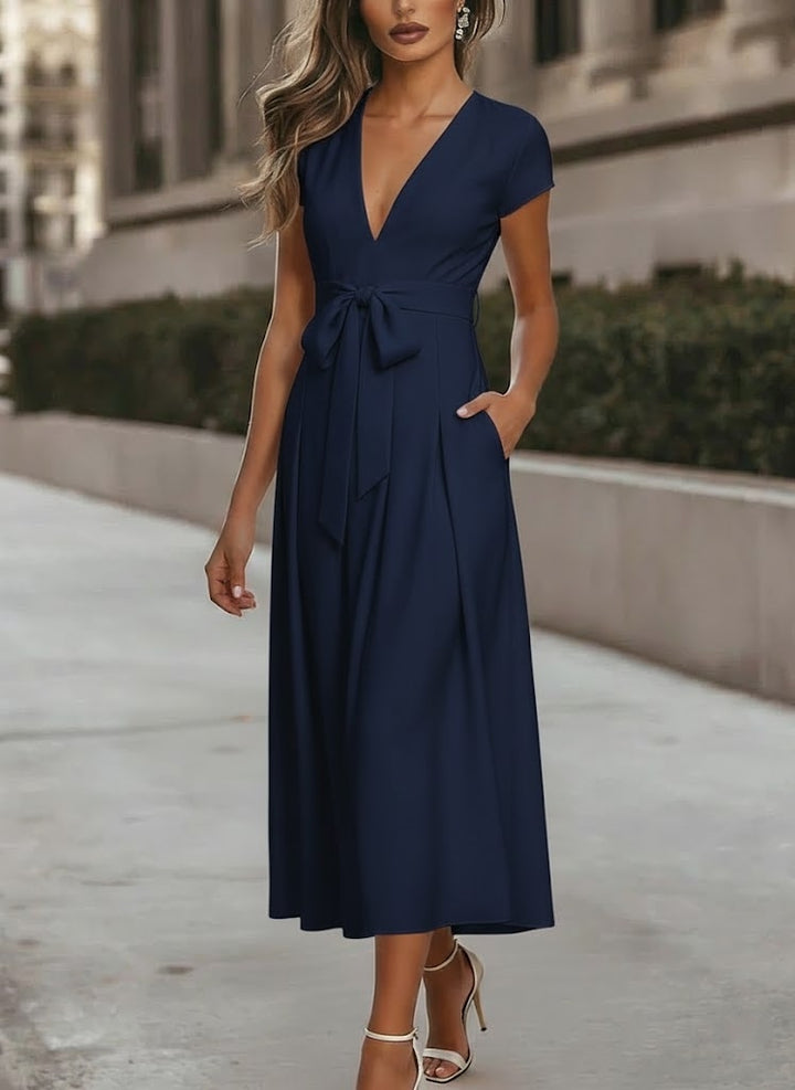 A-Line/Princess V-Neck Stretch Satin Cocktail Dresses Tea-Length Short Sleeves Knot Bow Formal Dress