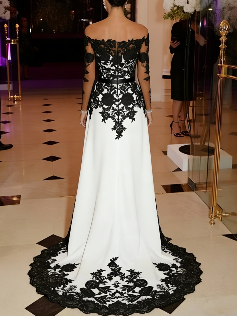 Jumpsuit Off-the-Shoulder Stretch Satin Evening Dresses with Overskirt Lace Long Sleeves Party Dresses