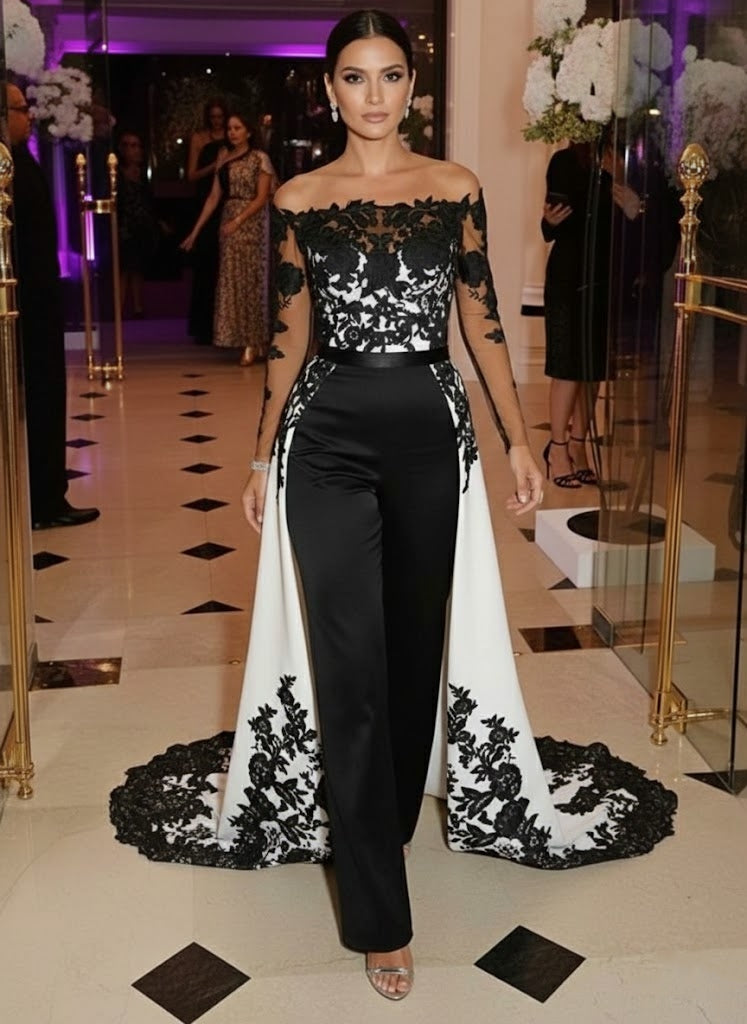 Jumpsuit Off-the-Shoulder Stretch Satin Evening Dresses with Overskirt Lace Long Sleeves Party Dresses