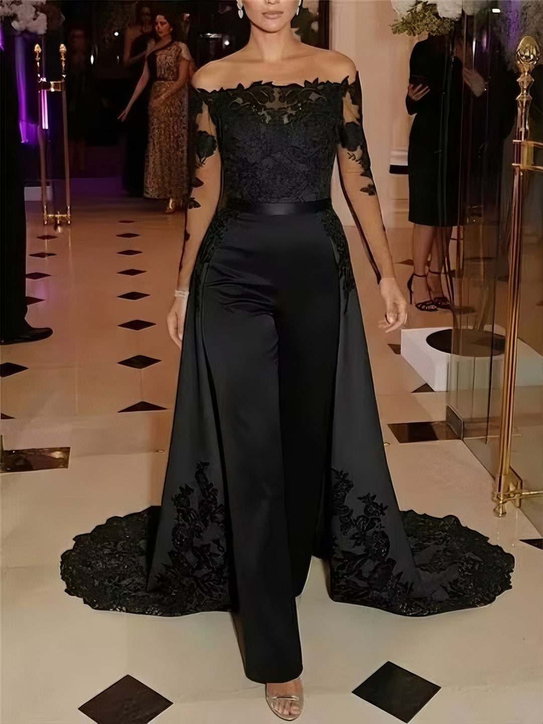 black dress party dress and jump suite Women's Black Faux Pearl Rhinestone Detail Party Birthday Jumpsuit Small New