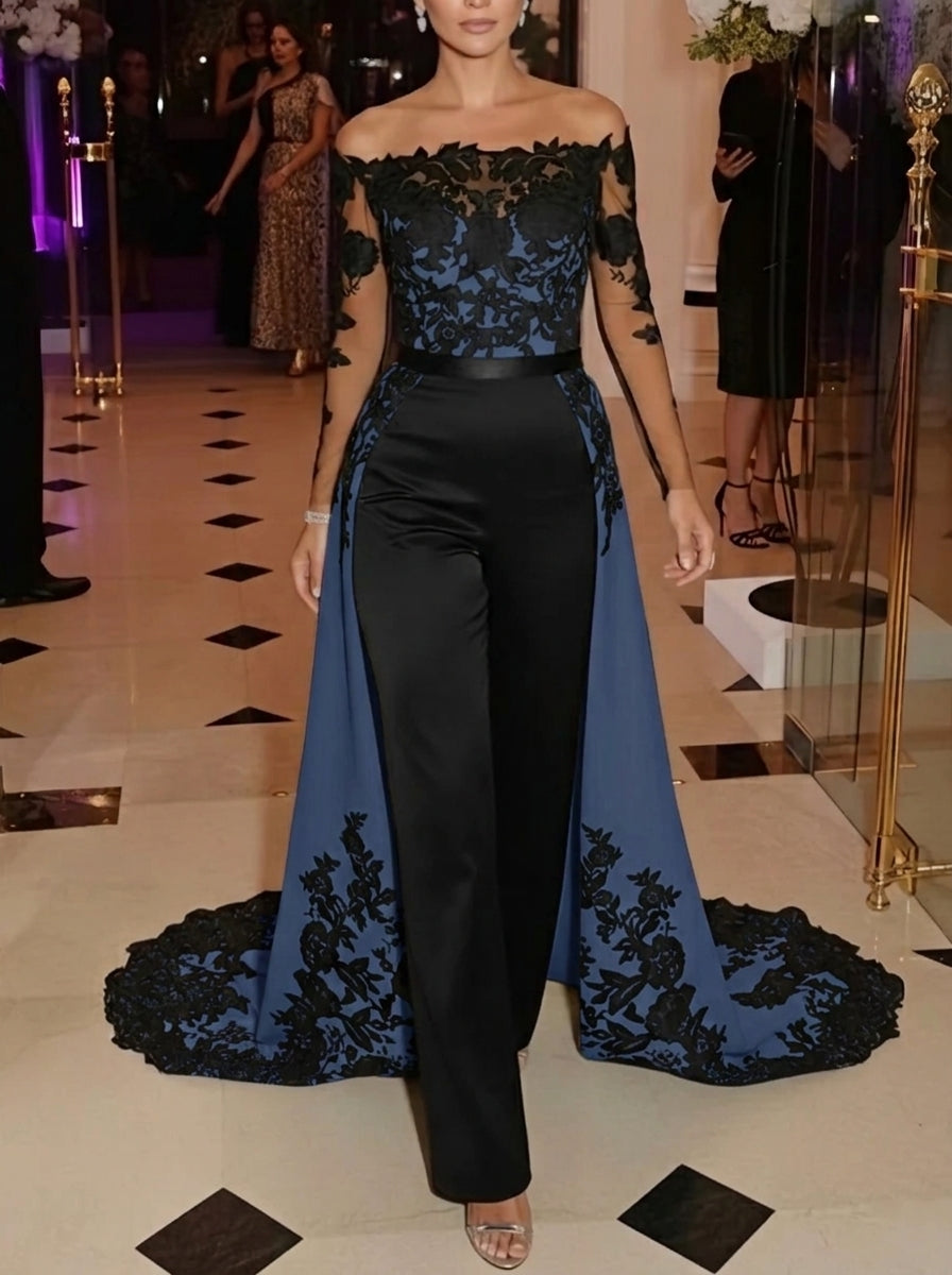 Jumpsuit Off-the-Shoulder Stretch Satin Evening Dresses with Overskirt Lace Long Sleeves Party Dresses Burnt Orange