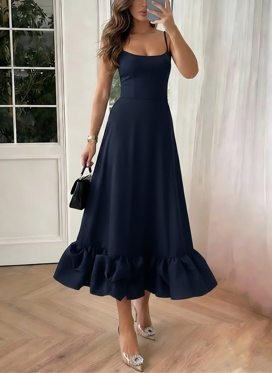A-Line/Princess Spaghetti Straps Stretch Satin Cocktail Dresses Sleeveless Tea-Length Ruffles Formal Dresses