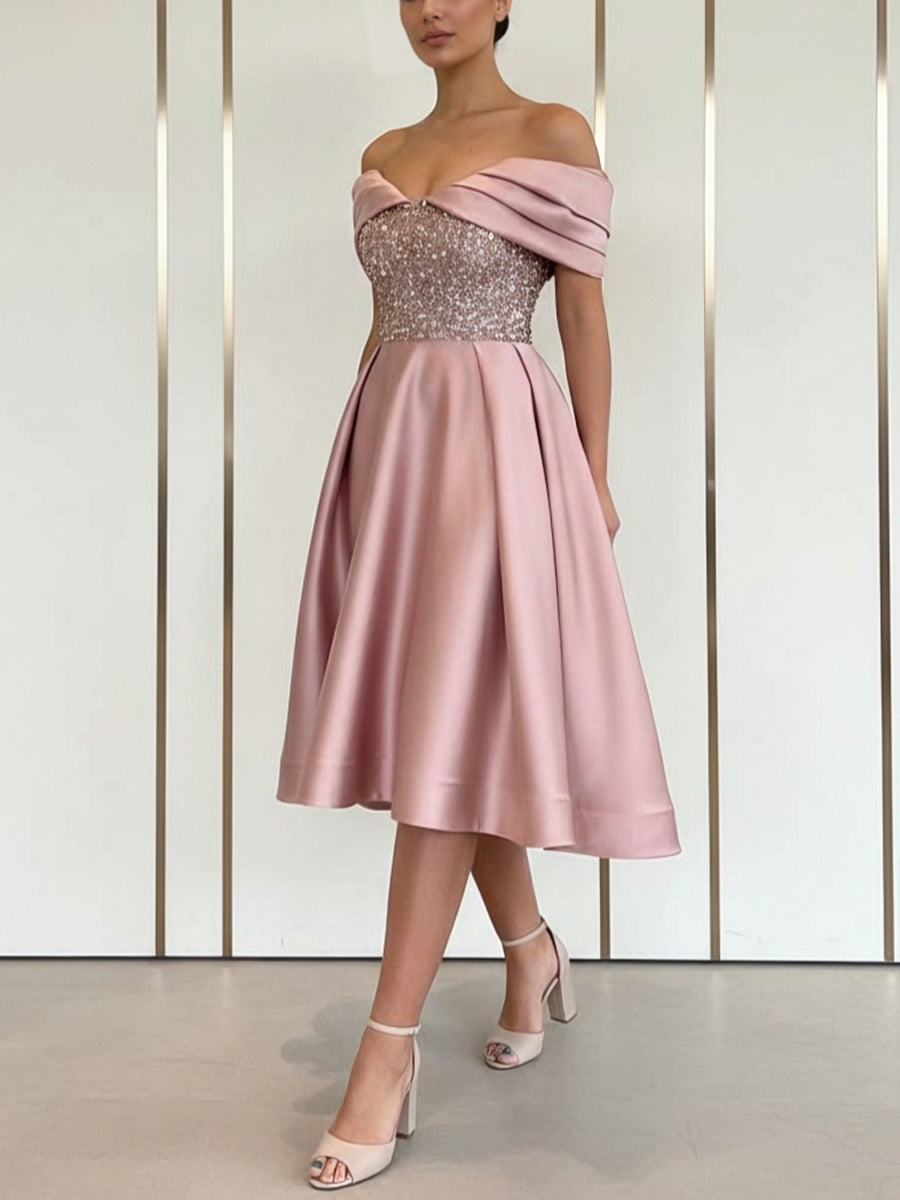 A-Line/Princess Off-the-Shoulder Cocktail Dresses Sequins Sleeveless Tea-Length Formal Dresses, Dusty Rose