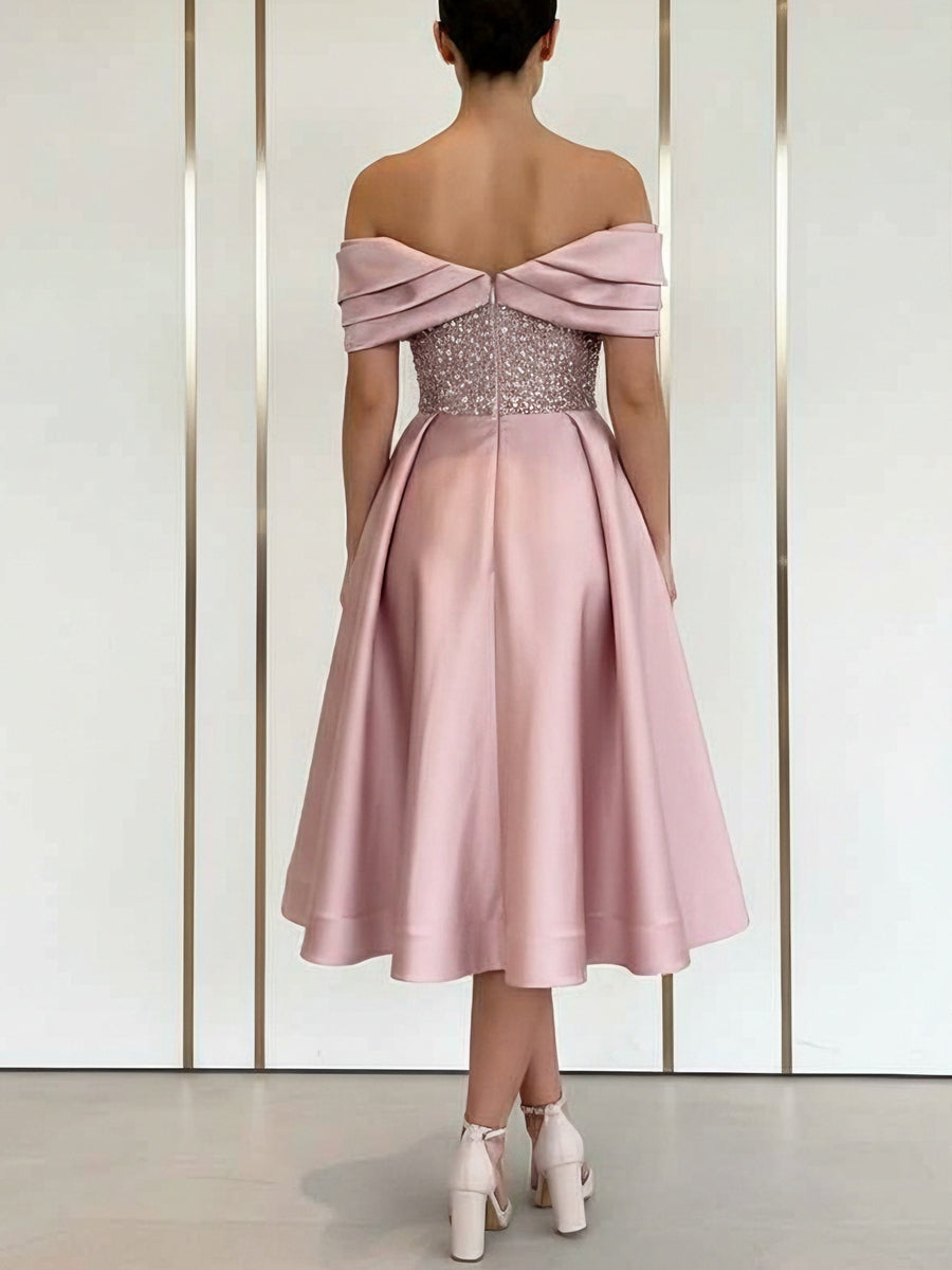 A-Line/Princess Off-the-Shoulder Cocktail Dresses Sequins Sleeveless Tea-Length Formal Dresses