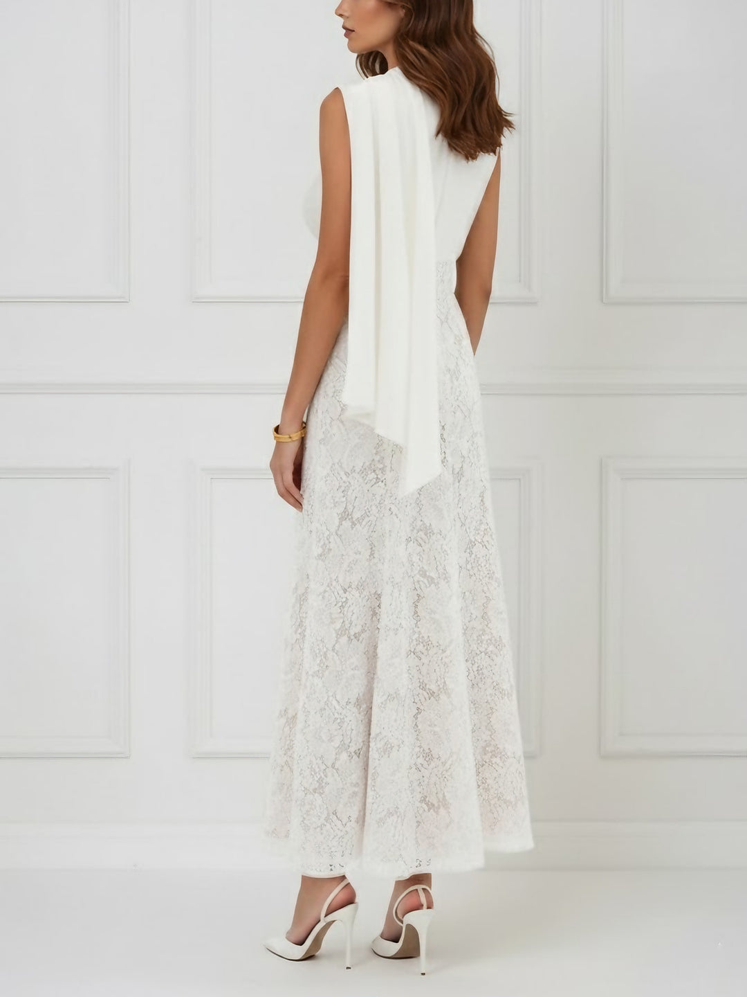 Trumpet/Mermaid Scoop Stretch Satin Cocktail Dresses with Watteau Train Lace Ankle-Length Sleevelesss Formal Dress