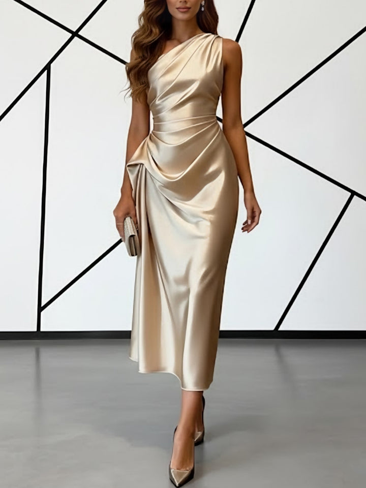 Sheath/Column One-Shoulder Silk Satin Cocktail Dresses Sleeveless Tea-Length Ruched Formal Dresses