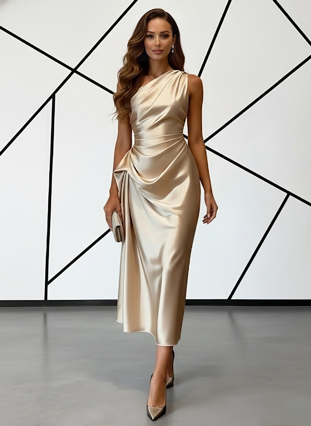 Sheath/Column One-Shoulder Silk Satin Cocktail Dresses Sleeveless Tea-Length Ruched Formal Dresses