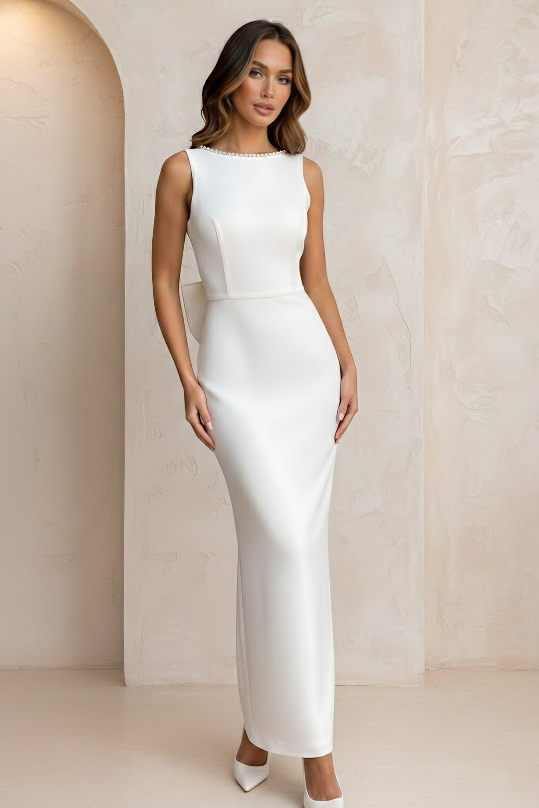 Sheath/Column Scoop Satin Cocktail Dresses Sleeveless Ankle-Length Bowknot Formal Dresses