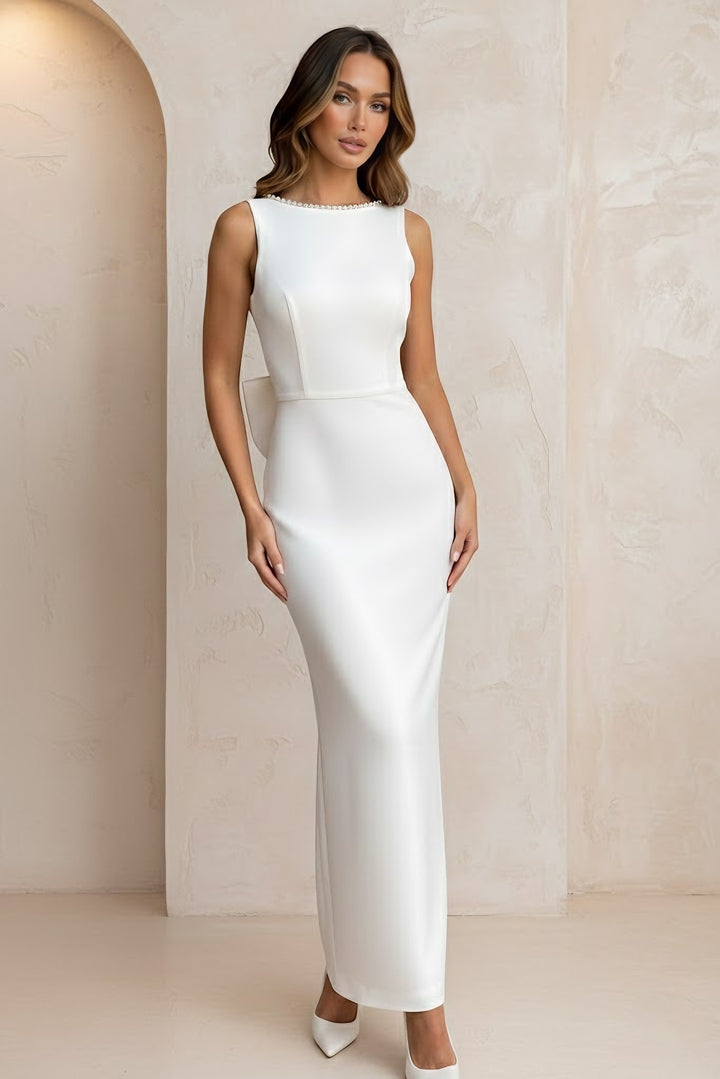 Sheath/Column Scoop Satin Cocktail Dresses Sleeveless Ankle-Length Bowknot Formal Dresses