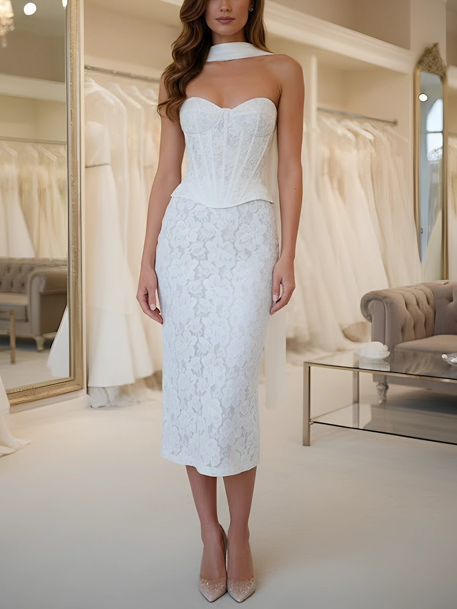 Sheath/Column Strapless Lace Cocktail Dresses with Neck Scarf Sleeveless Tea-Length Formal Dresses