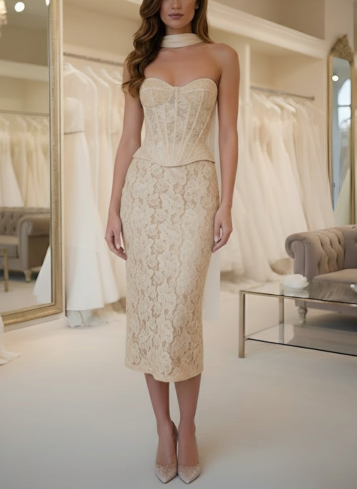 Sheath/Column Strapless Lace Cocktail Dresses with Neck Scarf Sleeveless Tea-Length Formal Dresses
