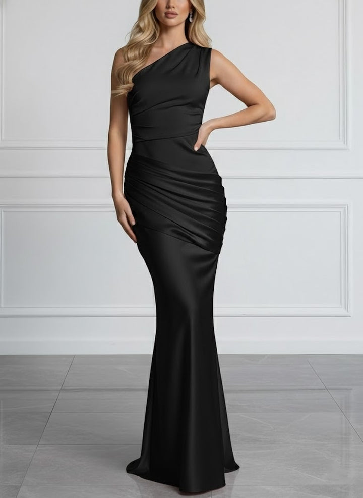 Sheath/Column One-Shoulder Stretch Satin Evening Dresses Silk Satin Floor-Length Sleeveless Ruched Party Dresses